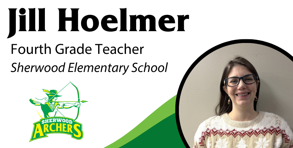photo of Jill Hoelmer, Fourth Grade Teacher, Sherwood Elementary School with the Sherwood logo